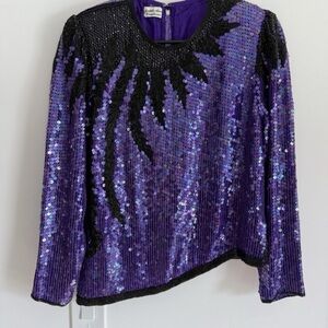 Vintage Judith Ann Creations 100% silk  beaded sequined top purple black 70s 80s